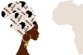 Banner of African woman in ethnic tribal turban African and the map of Africa. Vector silhouette of traditional black women