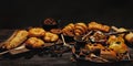 Banner of assortment of bread and bakery product on dark background Royalty Free Stock Photo