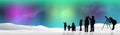 BANNER Aurora Northern Lights with Snow at Night silhouette people looking at stars Royalty Free Stock Photo