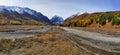 Banner autumn landscape with the Aktru river and Karatash peak. Altai mountains in clear weather Siberia. Russia Royalty Free Stock Photo