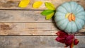 Banner. Autumn wooden background with yellow-red and green leaves, pumpkin and chestnut. Composition on a natural table Royalty Free Stock Photo