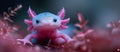 A banner with axolotl, resting on pebbles in an underwater environment. The axolotl has pink gills, a white body, and blue eyes