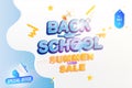 Banner Back to School. Summer Sale 50 Text effect with a paper airplane and a loudspeaker. Festive poster on the background with