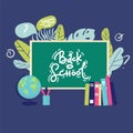 Banner back to school text drawing by colorful chalk in blackboard with school items and elements. Vector illustration banner Royalty Free Stock Photo