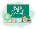Banner back to school text drawing by colorful chalk in blackboard with school items and elements. Vector illustration banner Royalty Free Stock Photo
