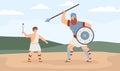 Biblical king David fighting with giant Goliath, flat vector illustration. Royalty Free Stock Photo