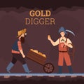 Banner background with gold diggers underground, flat vector illustration.