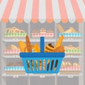 Banner with bakery products in shopping basket. Wheat, rye and whole grain bread. Pretzel and bagel, ciabatta and muffin