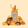 Banner with bakery products. Wheat, rye and whole grain bread. Pretzel and bagel, ciabatta and muffin, croissant and