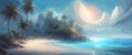 Banner on beach with palm trees. Colorful picture for rest. Blue palm trees at sunset, sky with