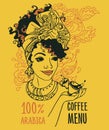 Banner with beautiful african american woman and coffee cups