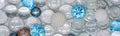 Banner with beautiful background of transparent, blue glass beads, crystals, white pearls. Copy space Royalty Free Stock Photo