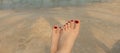 banner with beautiful female feet with red pedicure on the background of blue water and sand on the beach. the concept Royalty Free Stock Photo