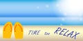 A banner with a beautiful seascape, summer flip flops in the foreground, the concept of a summer vacation tourism and sales