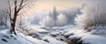 Banner Beautiful snow landscape with forest and river, winter wallpaper Royalty Free Stock Photo