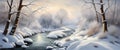 Banner Beautiful snow landscape with forest and river, winter wallpaper Royalty Free Stock Photo