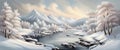 Banner Beautiful snow landscape with forest and river, winter wallpaper Royalty Free Stock Photo