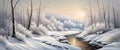 Banner Beautiful snow landscape with forest and river, winter wallpaper Royalty Free Stock Photo