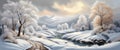 Banner Beautiful snow landscape with forest and river, winter wallpaper Royalty Free Stock Photo