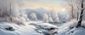 Banner Beautiful snow landscape with forest and river, winter wallpaper Royalty Free Stock Photo