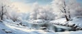 Banner Beautiful snow landscape with forest and river, winter wallpaper Royalty Free Stock Photo