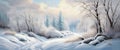 Banner Beautiful snow landscape with forest and river, winter wallpaper Royalty Free Stock Photo