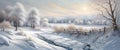 Banner Beautiful snow landscape with forest and river, winter wallpaper Royalty Free Stock Photo