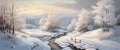 Banner Beautiful snow landscape with forest and river, winter wallpaper Royalty Free Stock Photo