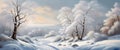 Banner Beautiful snow landscape with forest and river, winter wallpaper Royalty Free Stock Photo