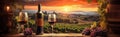 Banner of a beautiful sunset over wineyard with glasses and bottle of wine with red grapes in the front. Generative AI Royalty Free Stock Photo