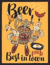 Banner with beer monster. Barrel with your hands