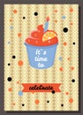 Banner for Birthday postcard. Flyer for holiday with cupcake. Pattern of greeting card with text Royalty Free Stock Photo