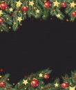 Banner with black canvas effect, illustration with Christmas tree garland, pine branches, stars, lights, toys and decorations, Royalty Free Stock Photo
