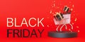 Banner with BLACK FRIDAY text, presents and shopping trolley. Golden and black letters on red background. Special offer