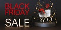 Banner with BLACK FRIDAY text, presents and shopping trolley. Red letters on black background. Special offer, good price