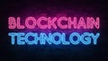 Banner with blockchain neon signboard. Digital technology concept. Bitcoin cryptocurrency. Decoration element. Modern line style.