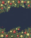 Banner with blue canvas effect, illustration with Christmas tree garland, pine branches, Christmas balls, stars, lights, holiday Royalty Free Stock Photo