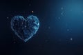 Banner of blue Polygonal wireframe model of a heart consisting of lines and dots and geometric shapes on a dark background. space