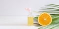 Banner with bottle of cosmetic skincare serum with dropper, orange and palm leaf. Citrus essential oil with Vitamin C Royalty Free Stock Photo