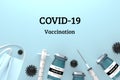 Banner of bottles with the Sars-Cov-2 coronavirus vaccine syringes mask and Covid-19 molecules. The concept of vaccination