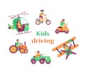 Banner with boys and girls driving transport, flat vector illustration isolated.