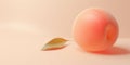 A banner with an bright orange isolated peach with a green leaf on a peach fuzz color background. Fruit Copy space