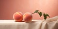 A banner with an bright orange isolated peaches with green leaf on a beige fabric surface on a peach fuzz color Royalty Free Stock Photo