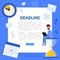 Banner Business process or deadline. Man sitting on hourglass with a laptop.