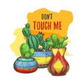Banner with cactus in pots or sticker with cacti