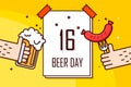 Banner with calendar, beer mug and sausage. Octoberfest beer festival card. Thin line flat design. Vector
