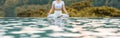 Banner Calm of Beautiful Attractive .. woman practice yoga Lotus pose on the pool above the Mountain peak Royalty Free Stock Photo