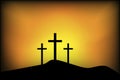 Banner with calvary three crosses. Picture for Easter. Crucifixion against the background of sunset. Stock image