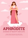 Banner with greek goddess Aphrodite on pink background flat vector illustration.