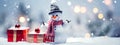 Banner card with a Happy New Year and Merry Christmas with space for text. Snowman with gift boxes on a winter background Royalty Free Stock Photo
